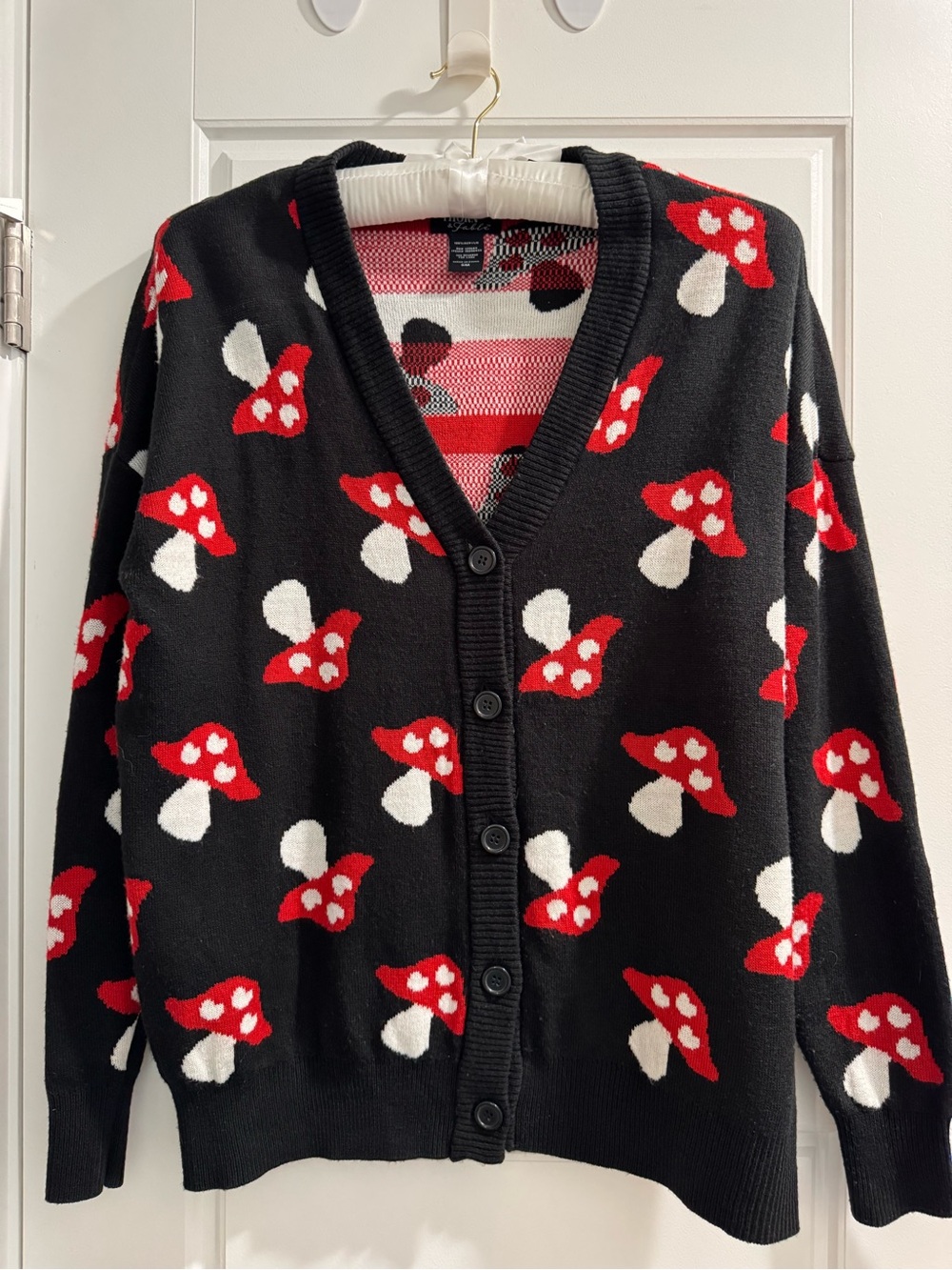 Able Black Cardigan Sweater with Red & White Mushroom Motif